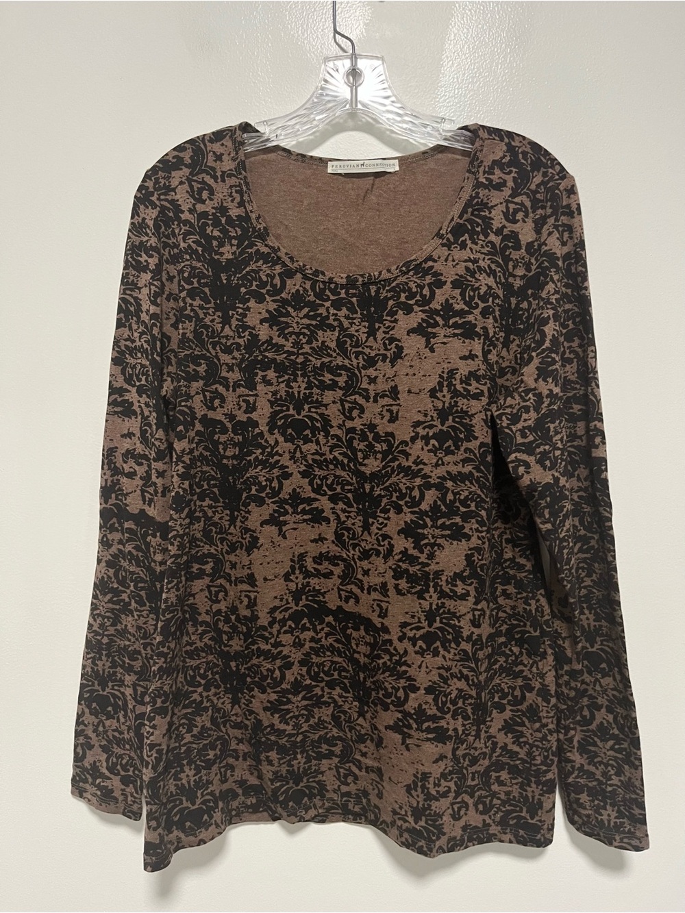Peruvian Connection Cotton Brocade Damask Brown Black Long Sleeve T Shirt L